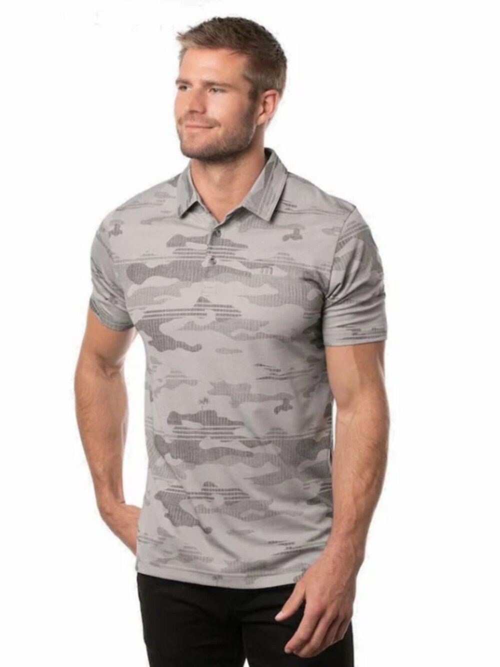 Travis Mathew Men's Skywind Golf Polo Gray Camo Palms Pima Cotton Size XL